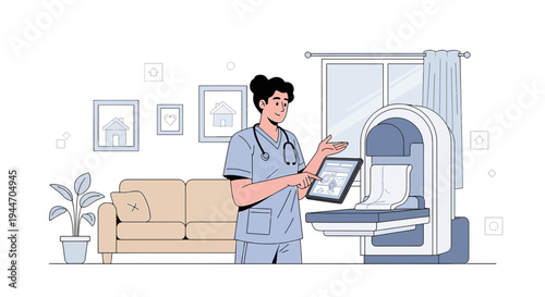 Radiologist with Tablet Explains MRI Scan Procedure in Modern Clinic Room