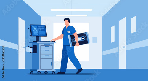 Radiologist with X-ray in Hospital Corridor, Medical Technology