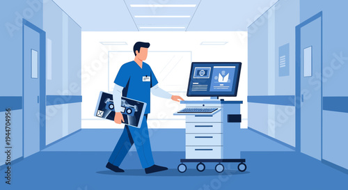 Radiologist with X-rays in Hospital Corridor near Medical Equipment