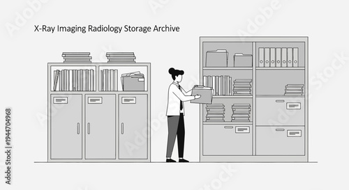 Radiology Archive Storage: Woman Organizing X-Ray Files in Medical Records Room