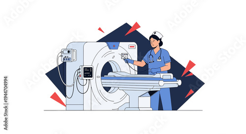 Radiology Nurse Operating CT Scanner for Patient Scan in Medical Clinic