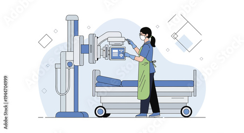 Radiology Nurse Operating X-Ray Machine Beside Patient Bed in Clinic