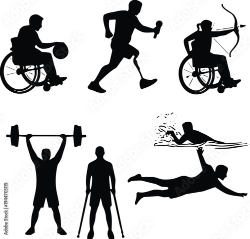 Black silhouettes of para athletes with disabilities competing in sports including wheelchair basketball archery swimming and running, flat vector illustration