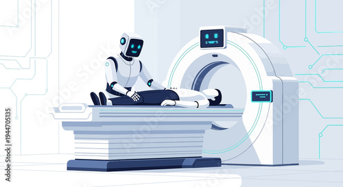 Robot assisting in medical scan, advanced healthcare technology, futuristic medicine concept