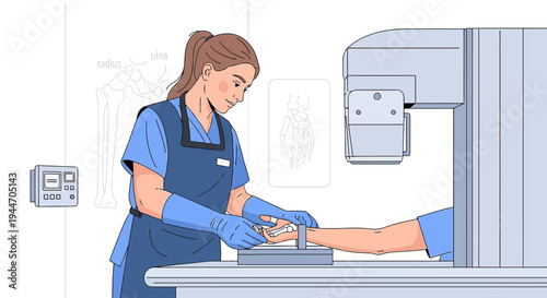 Radiology Technician Positions Patient's Hand for X-ray in Medical Imaging Room
