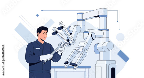 Robotic Arm Maintenance: Engineer with Wrench and Industrial Robot in Modern Factory