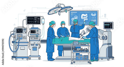 Robotic Surgery Team in Operating Room with Advanced Medical Equipment and Technology