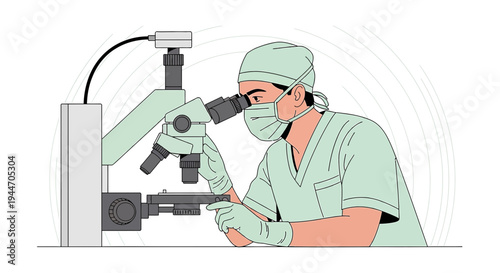 Scientist in Mask and Gloves Examines Sample Under Microscope in Laboratory