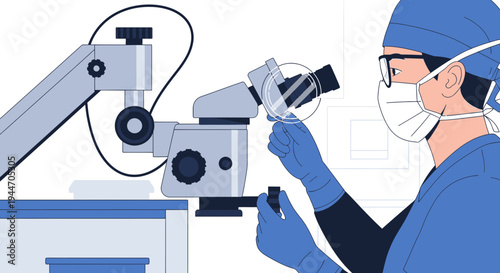 Scientist in protective gear examining sample under microscope in laboratory