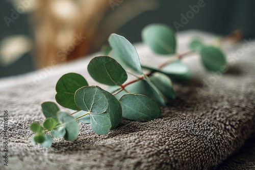 A eucalyptus branch rests on a brown textured fabric surface.