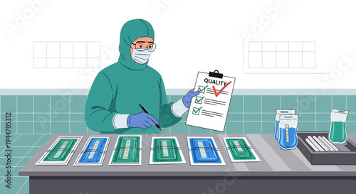 Scientist in protective suit checks quality control of medical samples in laboratory