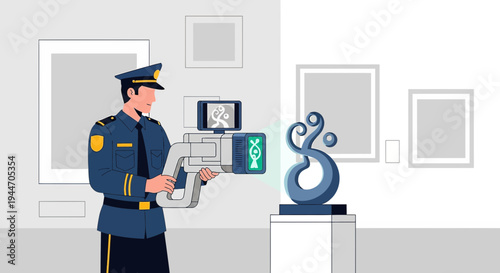 Security Guard Uses Futuristic Scanner to Analyze Sculpture in Art Gallery