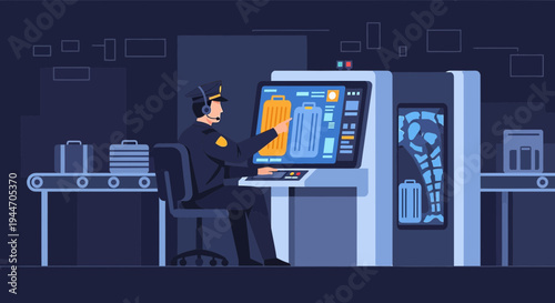 Security Officer Inspects Luggage on X-Ray Scanner Screen at Airport Checkpoint