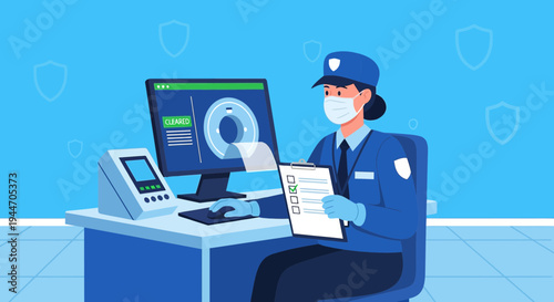 Security Officer in Mask Checks Passenger Luggage at Airport Scanner with Blue Shields