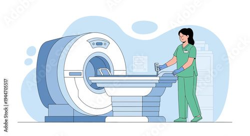 Radiologist operating MRI scanner with patient table in modern medical clinic