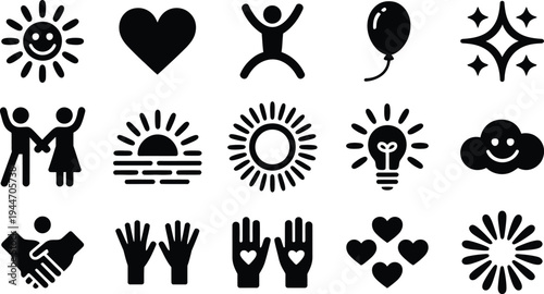 Set of 15 Black and White Happiness and Positive Emotion Vector Icons for Celebration, Joy, and Well-being Designs