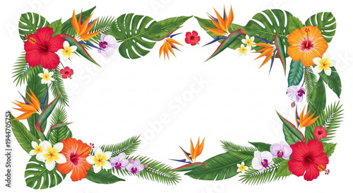 Vibrant tropical floral wreath with colorful flowers and leaves on transparent background