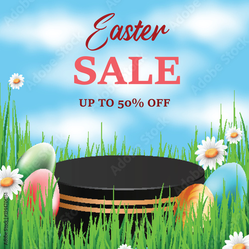 Easter Sale Promotion with Eggs and Podium on Grass
