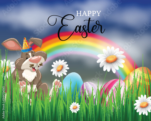 Happy Easter Bunny with Eggs and Rainbow in Spring Grass
