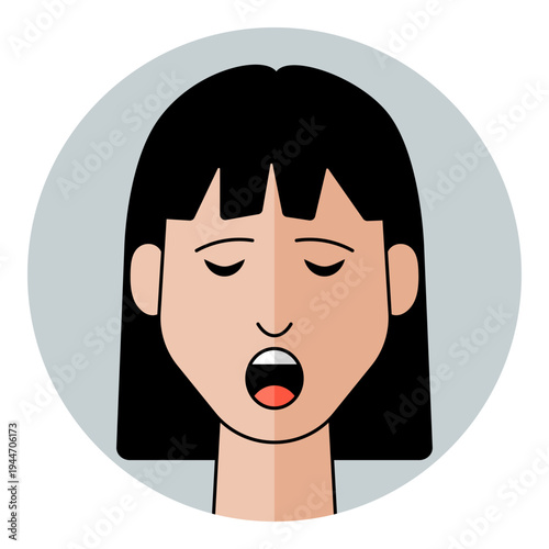 Women flat avatar icon representing fatigue, boredom, burnout, or lack of sleep. Isolated head of a female character with black hair on a round background.