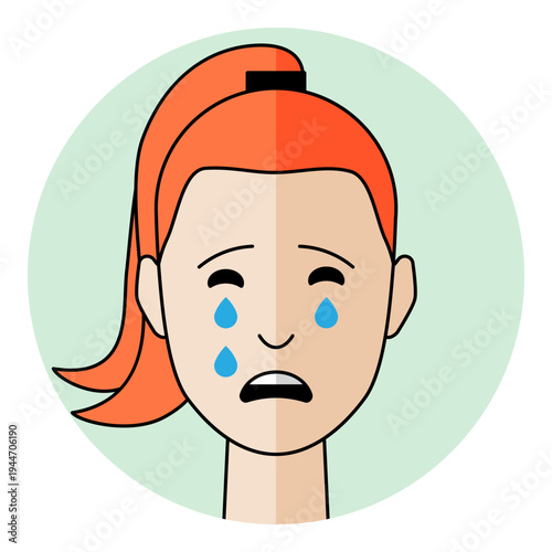 Crying woman avatar with tears and sad mouth expression in flat cartoon style. Female character portrait for crying emotion, grief, sorrow and mental health support icon