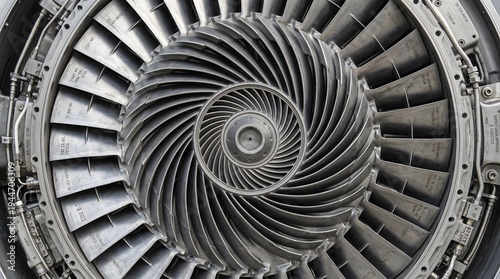 Close-up view of a powerful jet engine turbine, intricate detail and advanced technology , modern corporate concept, texture background, copy space