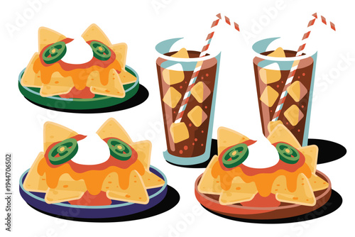 Delicious nachos and cola drinks vector illustration, party food, casual dining, refreshing beverages, fast food.