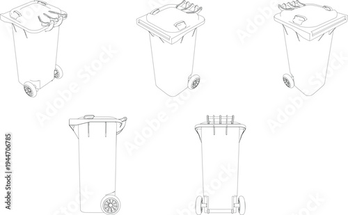 Set of five minimalist line drawings depicting wheelie bins with various lid designs and wheel configurations. Clean vector illustrations for urban waste management concepts.