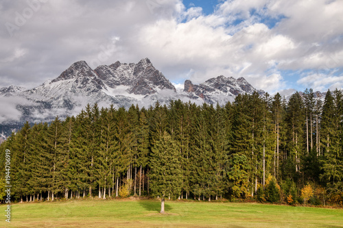 Green pine forest and meadow with the snow-capped Steinernes Meer mountain range under a cloudy sky near Saalfelden, Austria.