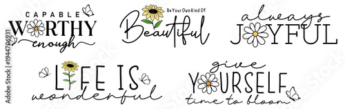 Positive vibes, inspirational motivational slogan quotes with flower and butterfly t shirt design graphic vector bundle