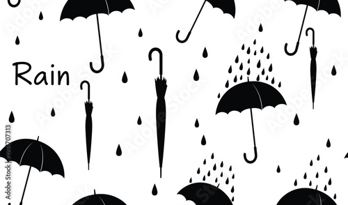 Umbrella silhouettes, raindrops pattern, rainy weather design, open and closed umbrellas, playful typography, black and white illustration, stormy season artwork