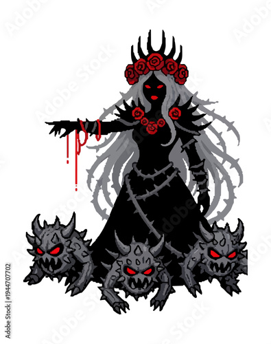Fantasy figure with thorned beasts digital illustration against black background