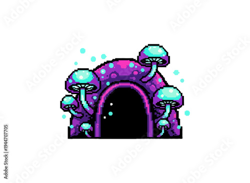 Fantasy pixel art mushroom portal in darkness