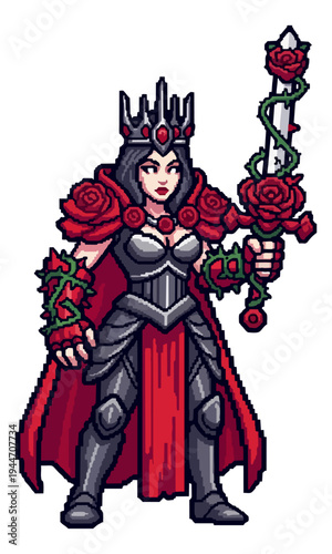 Fantasy queen warrior holding sword with floral embellishments