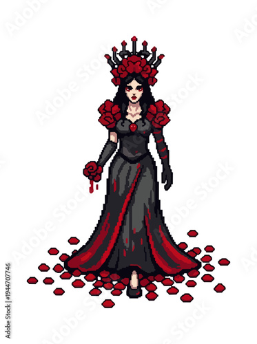 Pixel art character illustration elegant woman with roses black dress