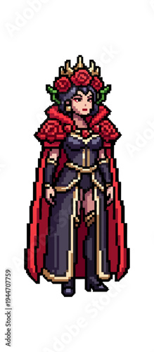Pixel art character wearing a rose crown and cape full body view dark background