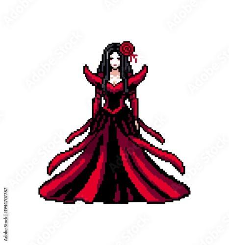 Pixel art character in red dress with long hair on black background
