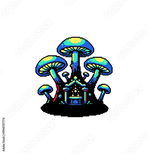 Pixel art illustration of mushrooms and decorative architectural element