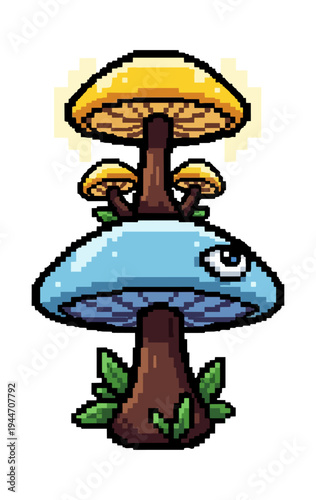 Pixel art mushroom illustration with glowing caps and single eye