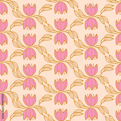 Pastel Pink Floral Seamless Pattern with Golden Outlines