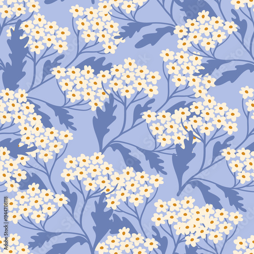 Elegant Cream Floral Seamless Pattern on Soft Blue Background