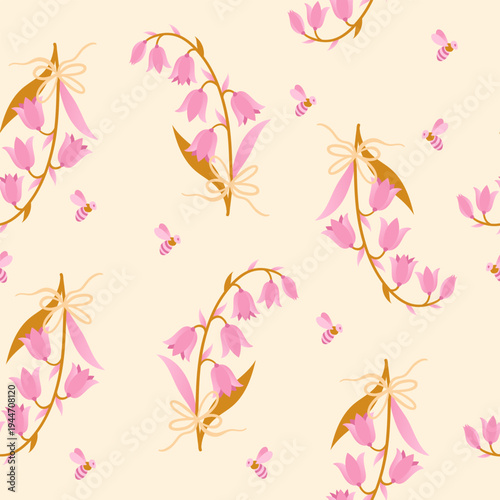 Delicate Pink Floral Seamless Pattern with Honeybees and Ribbons