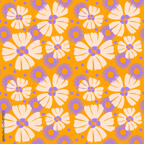 Vivid Orange Floral Seamless Pattern with Cream and Purple Accents