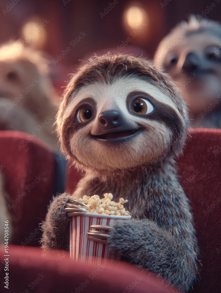 Fototapeta premium Cute Sloth Watching Movie with Popcorn – Generative AI