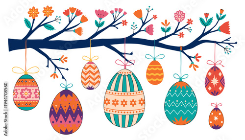 Colorful easter eggs hanging from a blooming tree branch with flowers on white background