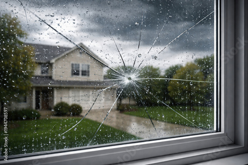 Broken window glass with spiderweb cracks and raindrops during a storm, with a suburban house visible outside. Concept of home damage, weather impact, insurance claims, and property repair.