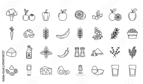Minimal Culinary Food Ingredients and Healthy Diet Vector Icons