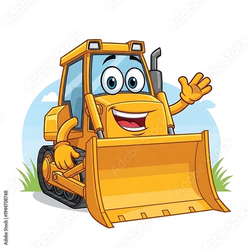Cartoon bulldozer with smiling face waving.