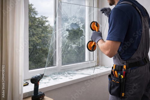 Professional repair technician removing shattered window glass using suction handles during home window replacement. Concept of repair service, maintenance work, and property restoration.