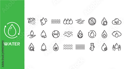 Water Drop Line Icons Set, Ecology Conservation and Purity Vector Symbols